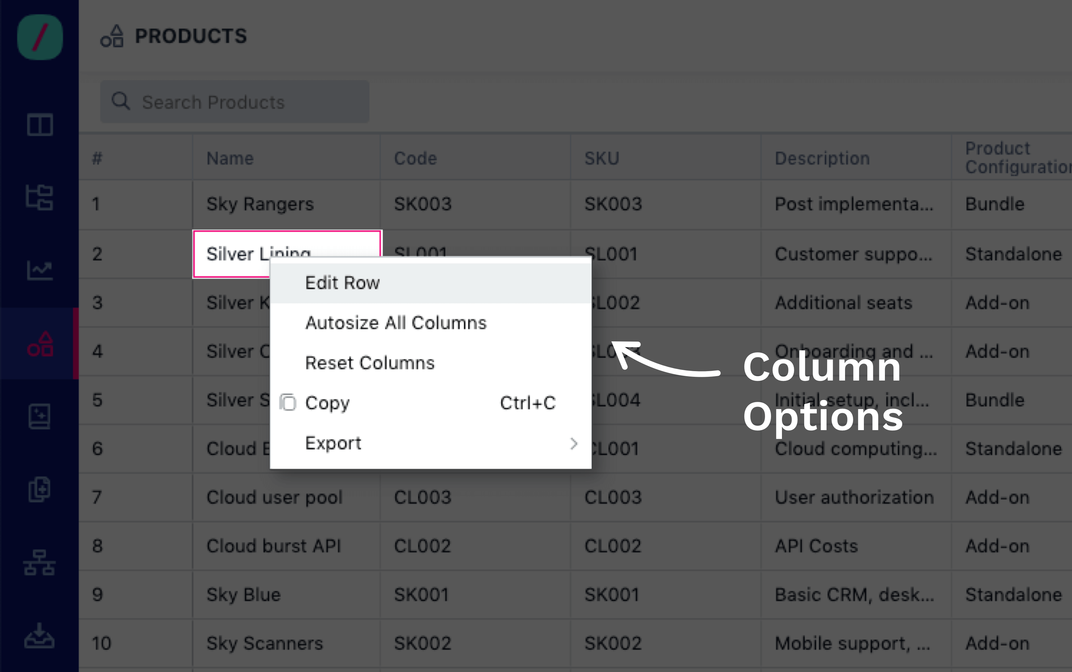 Revv product catalog column options