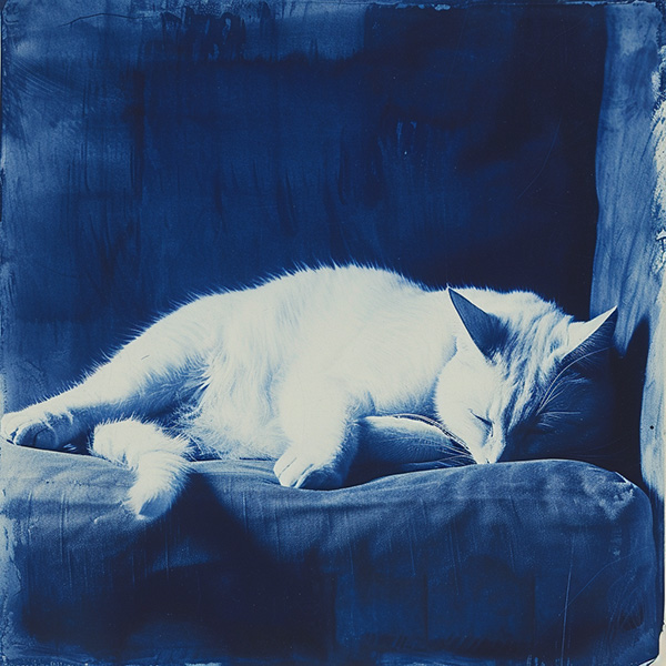 Example Midjourney image of a cyanotype cat