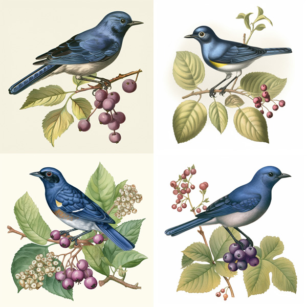 A midjourney generated image of a blueberry bird