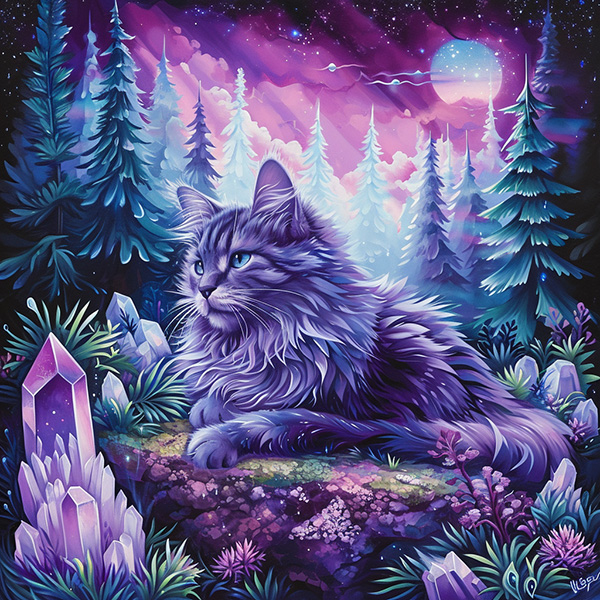 Midjourney image of a  crystal forest cat