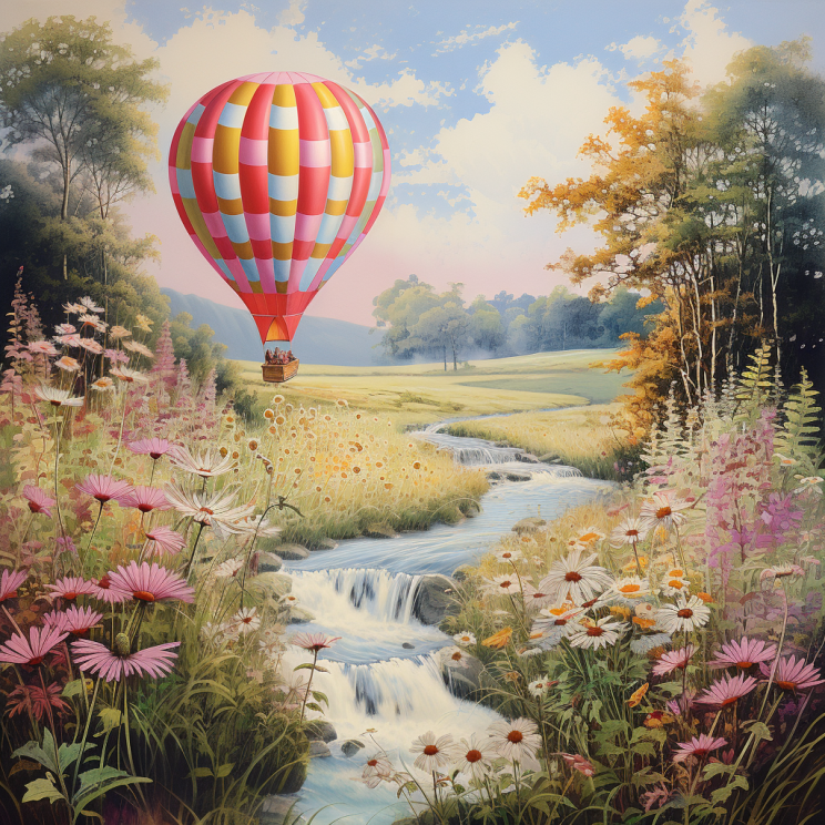 An image generated by the Midjourney Bot using the prompt hot air balloon lithograph