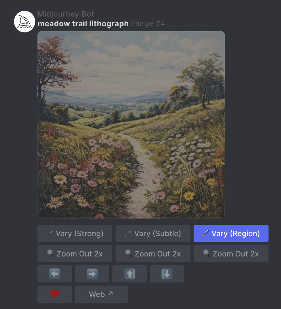 An upscaled image generated by the Midjourney Bot using the prompt "meadow trail lithograph" the Editor button is highlighted in blue.