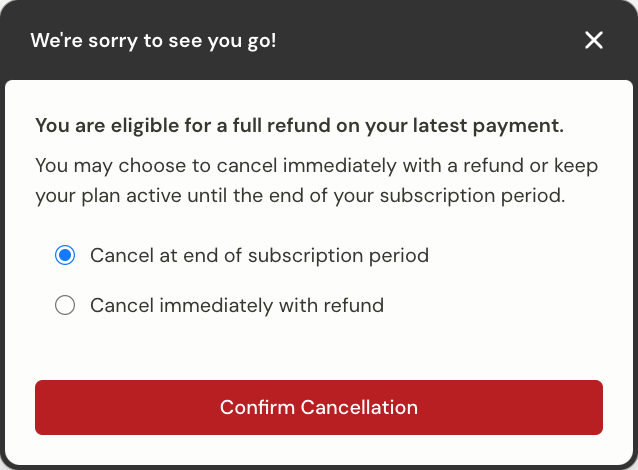 Image of the Midjourney Account Page Refund Dialog box