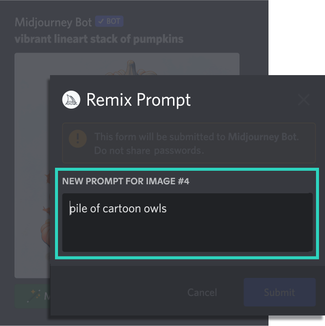 image showing the midjourney remix functionality and remix prompt dialog box.