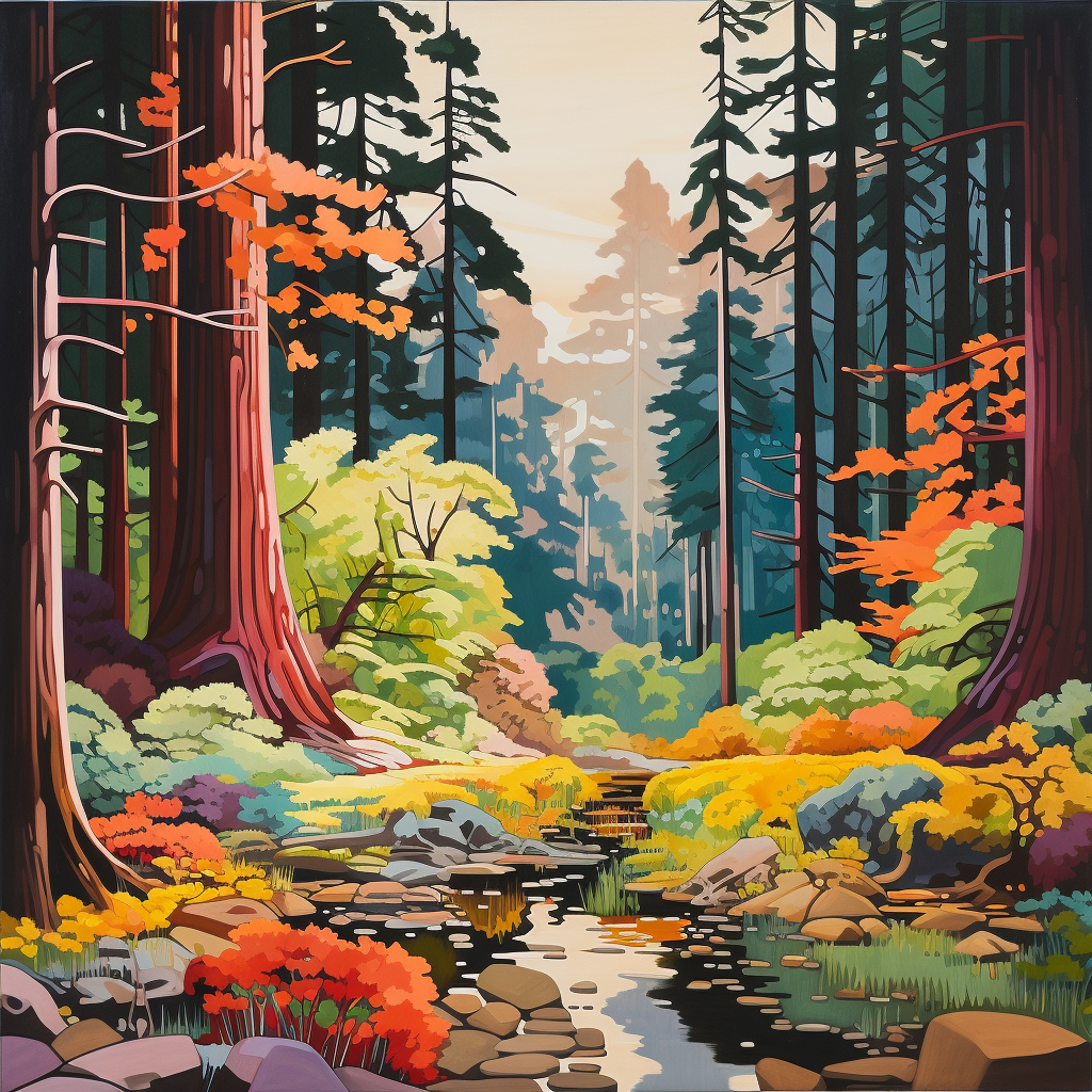 Midjourney Image created with prompt 1960s pop-art acrylic of redwoods