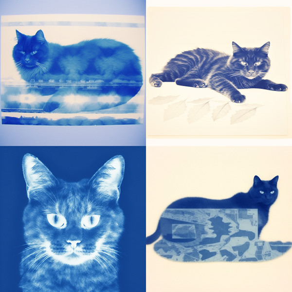 Example image generated using the Midjourney weird parameter, prompt: cyanotype cat --weird 500