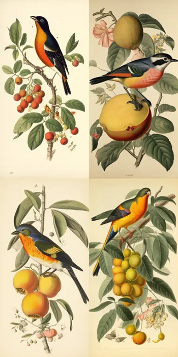A midjourney generated image of a fruit salad bird with a 1:1 aspect ratio