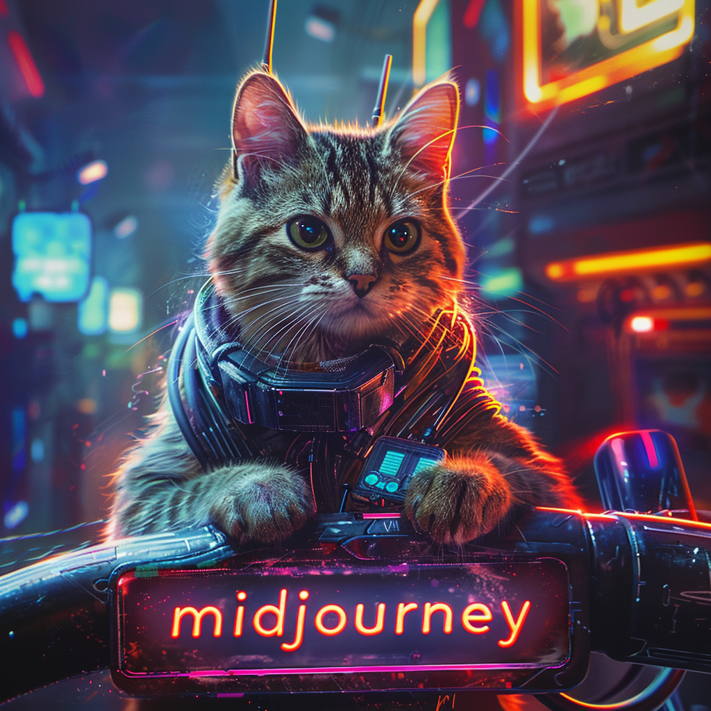 image of a cyberpunk cat with its paws on a neon sign that reads 'Midjourney,' generated with Midjourney using the prompt 'a cyberpunk cat with a neon sign that says 'Midjourney'