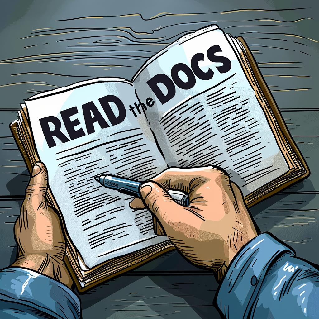 a cartoon drawing of a man's hands holding an open book with 'read the docs' spelled out across the top of two pages, generated with Midjourney using the prompt 'a cartoon drawing of a manual with the words 'read the docs' in big text on the pages