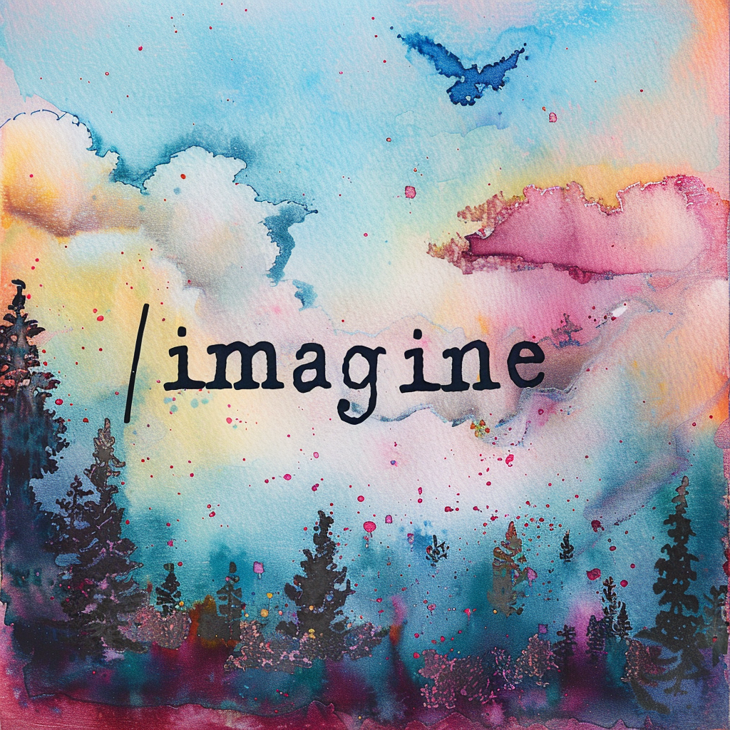 a watercolor landscape with pine trees, pastel clouds, and the phrase '/imagine' in a dark stylized font in the middle, genered with Midjourney using the prompt `a pastel watercolor landscape with the phrase '/imagine' written in the clouds'