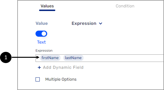 By adding dynamic fields to the Expression field (1), the output will display the full name automatically. 