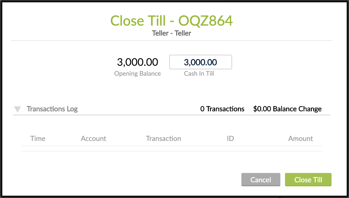 Close Till screen with Cash in Till fields and Transactions Log section.
