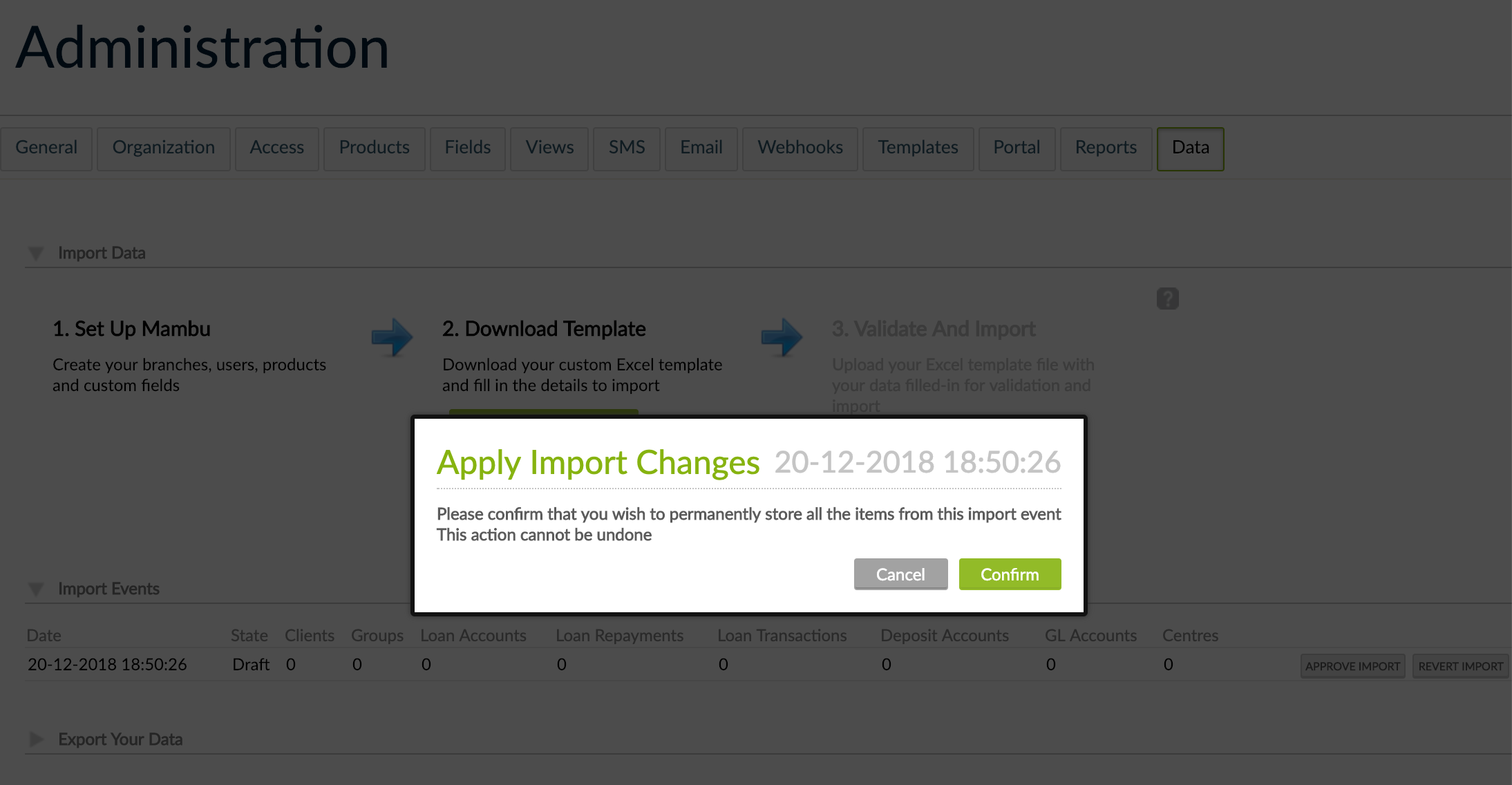 Apply Import Changes pop-up with Cancel and Confirm button