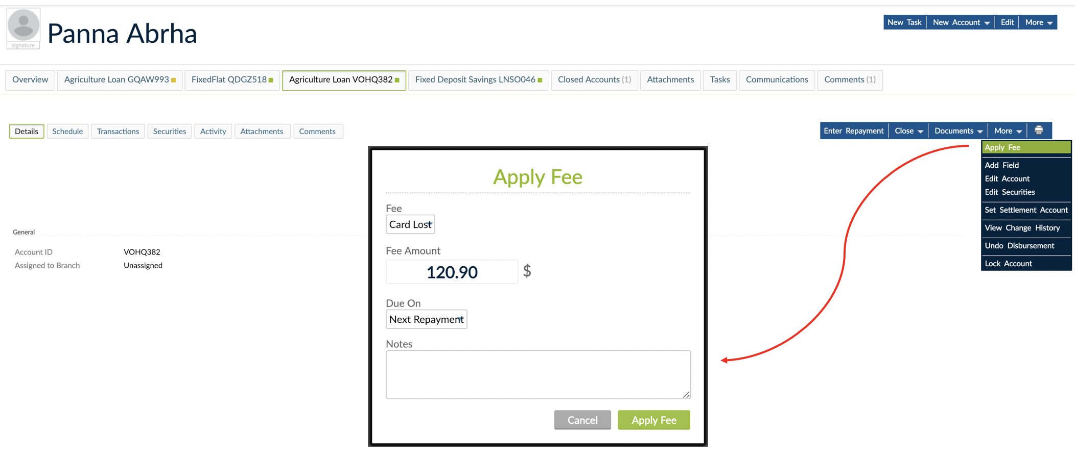 More dropdown with Apply Fee option and Apply fee dialogue