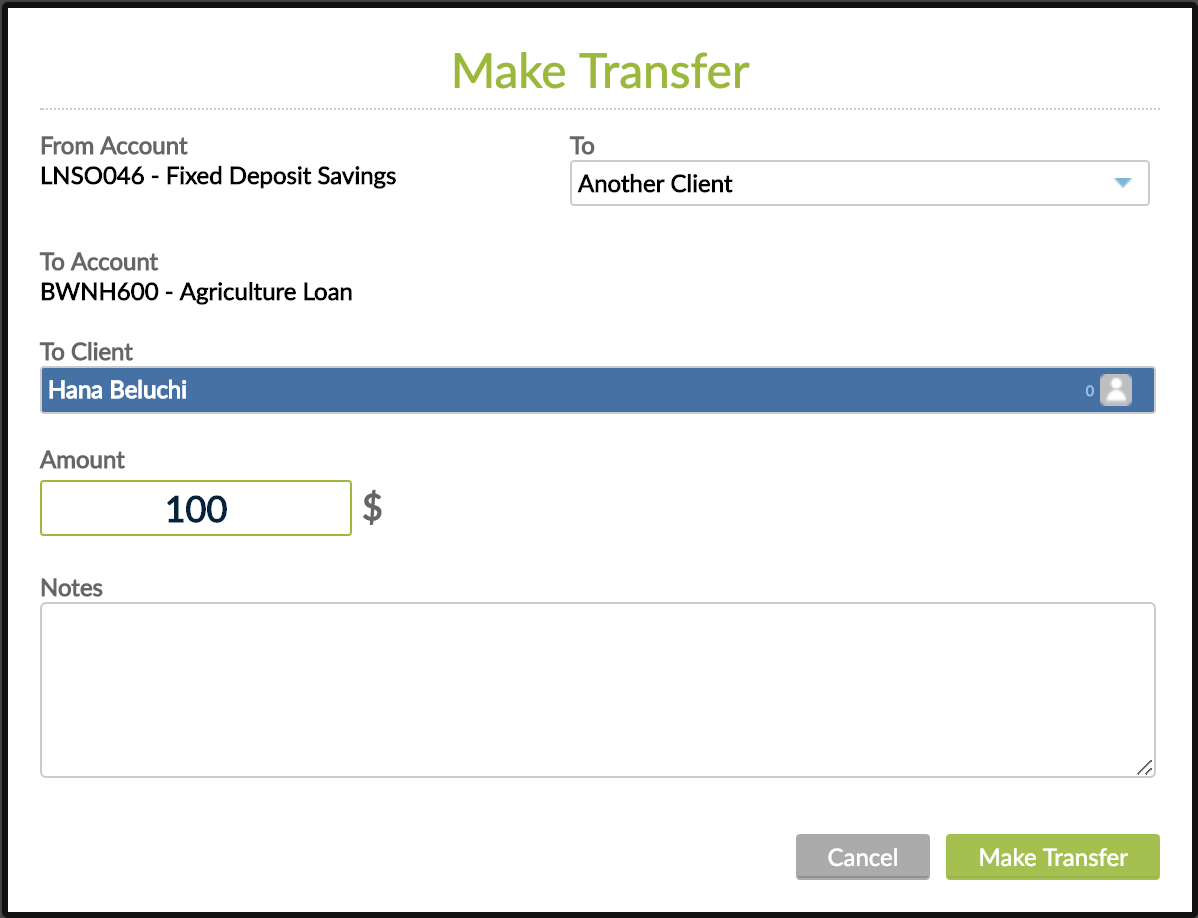 Make Transfer window - transfer is made into another client account.