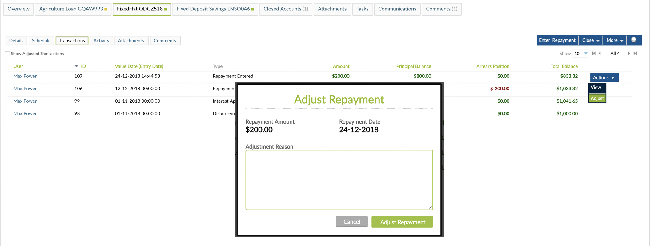 Actions button with Adjust option selected and Ajust Repayment pop-up