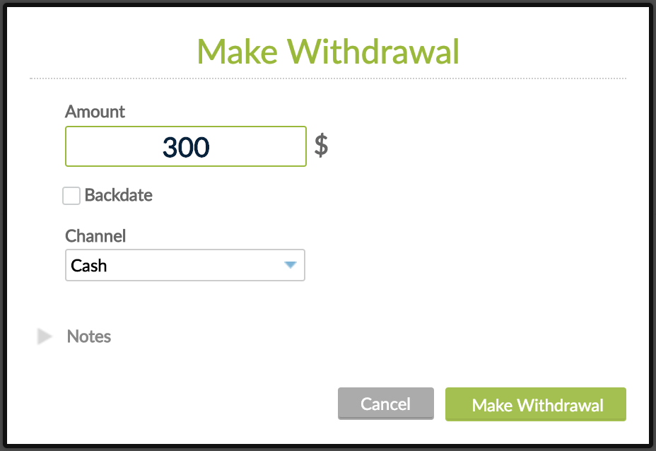 Make withdrawal pop-up with Cancel and Make Withdrawal buttons.