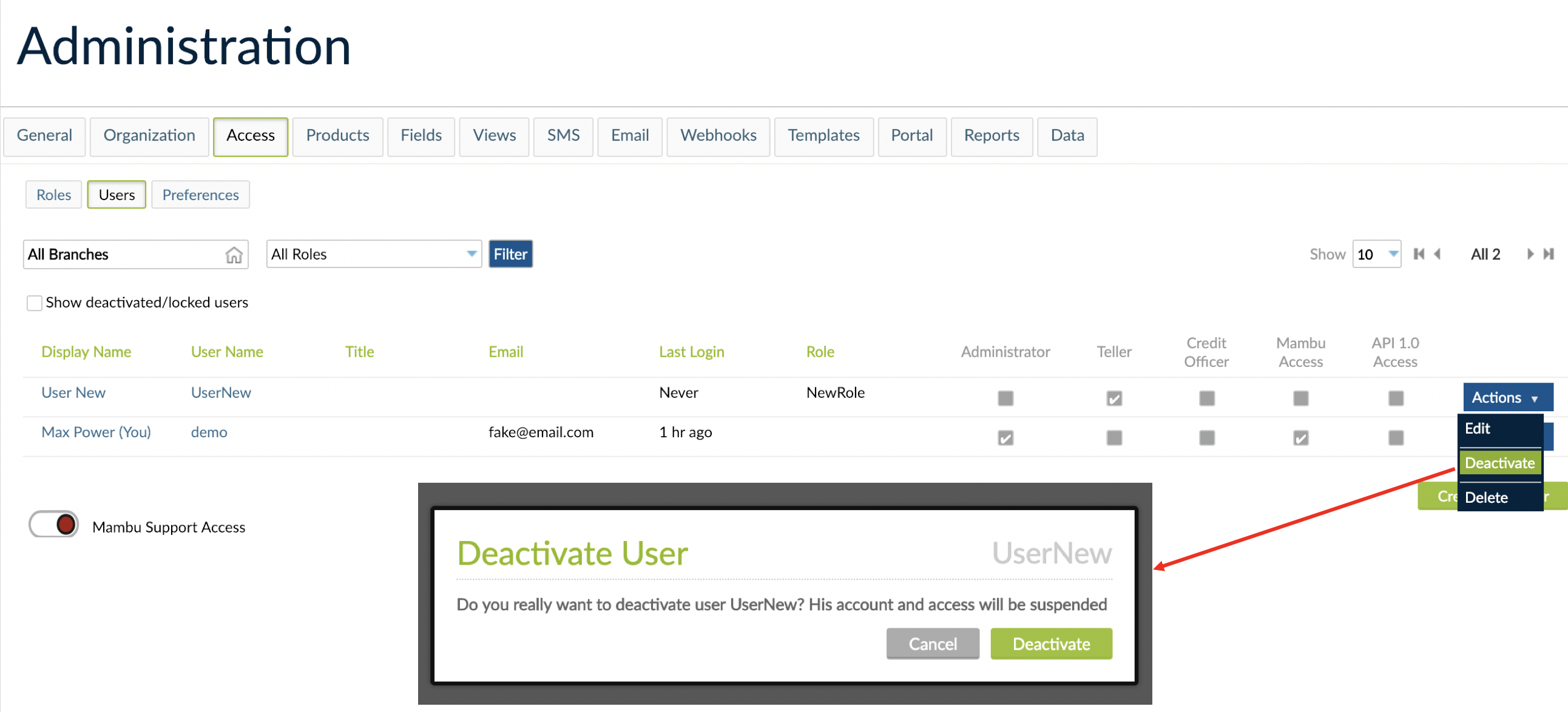 User deactivation and the related pop-up that is displayed