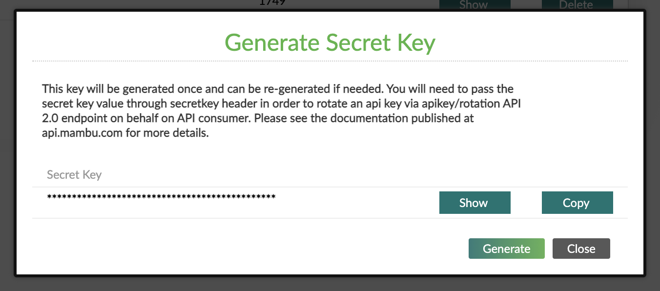 Generate Secret Key dialog with a secret key generated