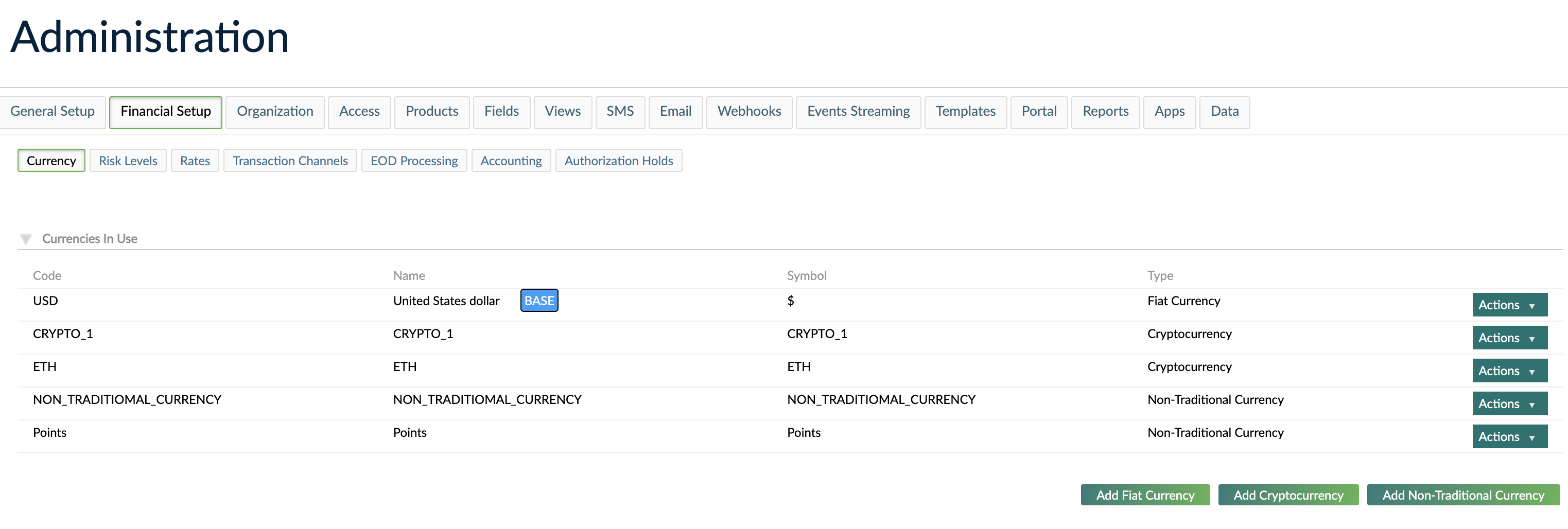 Currency tab under Financial Setup in Administration screen.
