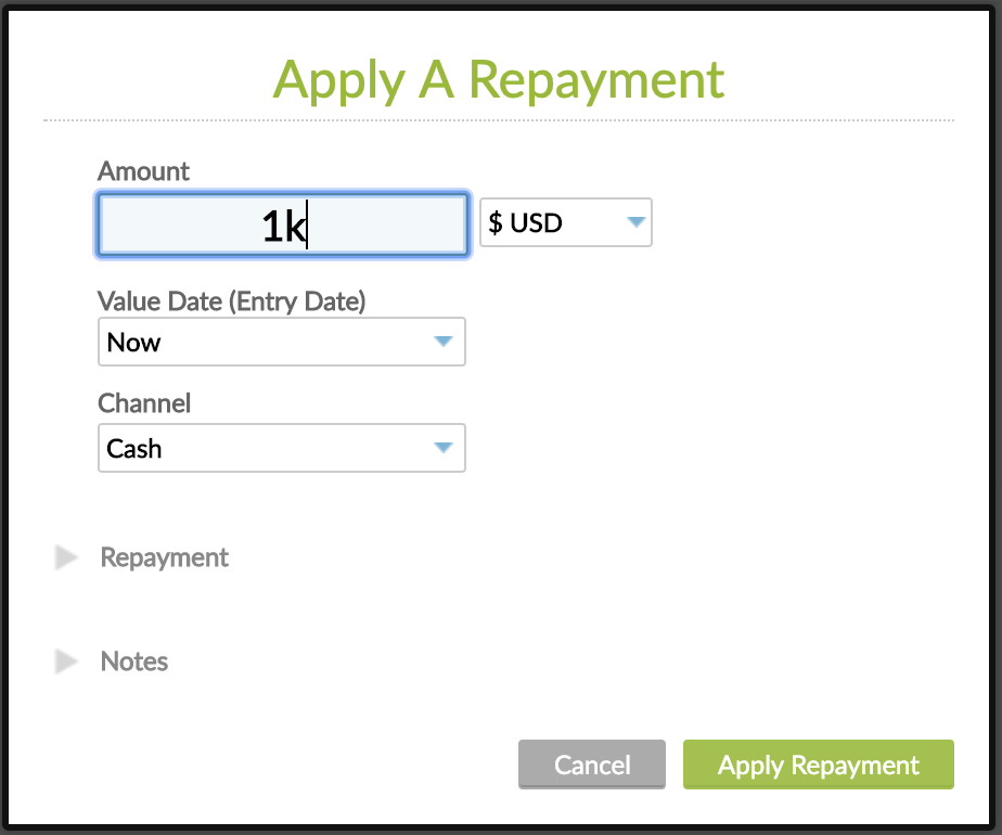Apply repayment screen with Amount, Currency, Value Date and Channel