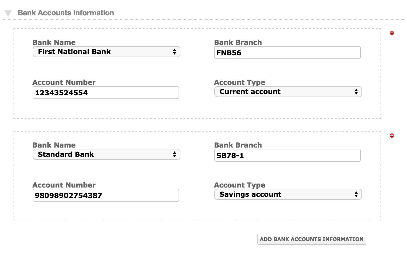 Example of the Bank Accounts Information group custom field set in the client creation form