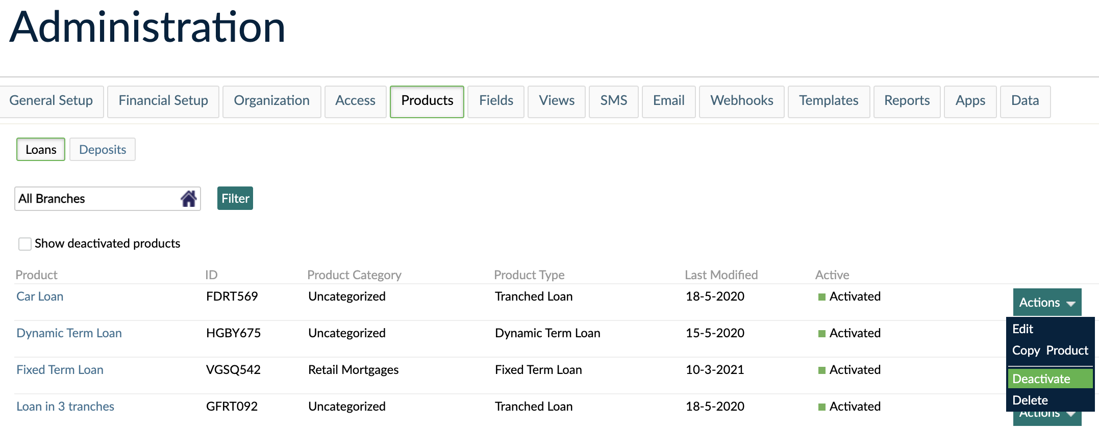 List of Loan products showing the Activate option under Actions