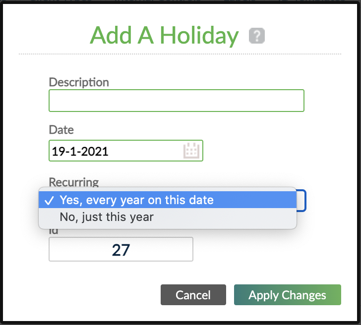 Add a holiday screen. Specific holidays added for each organization.