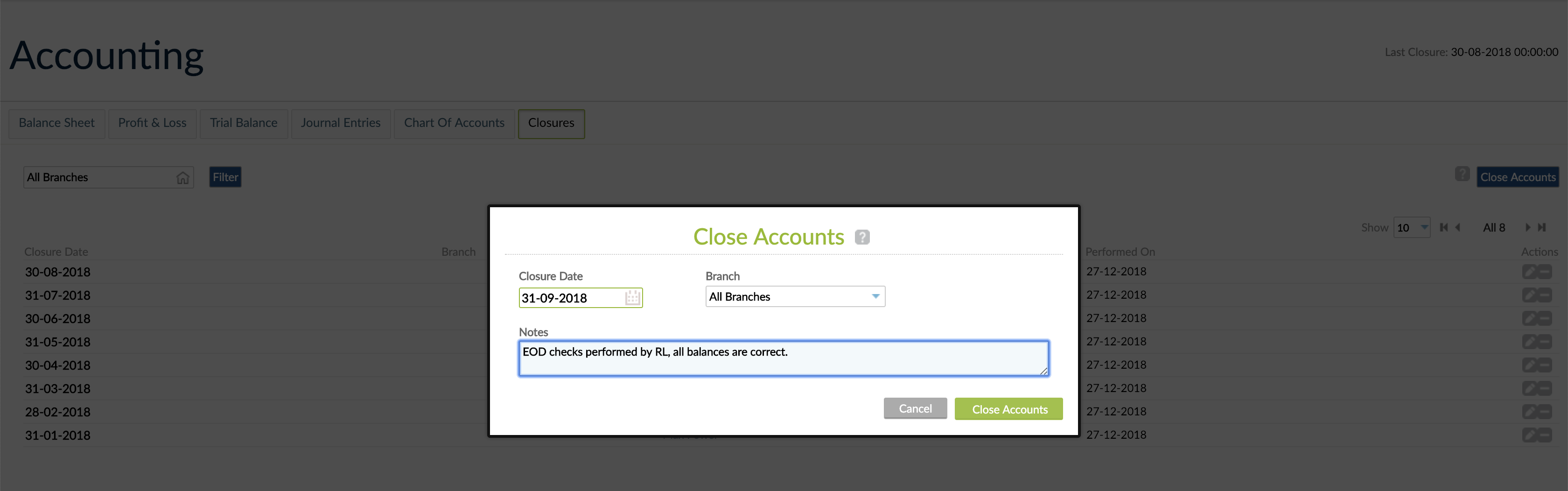 Close Accounts screen with Closure Date, Branch and Notes fields.