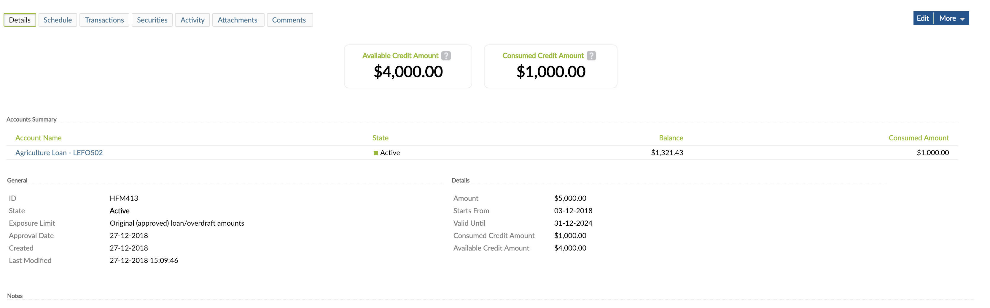 Credit Arrangement view from Details tab