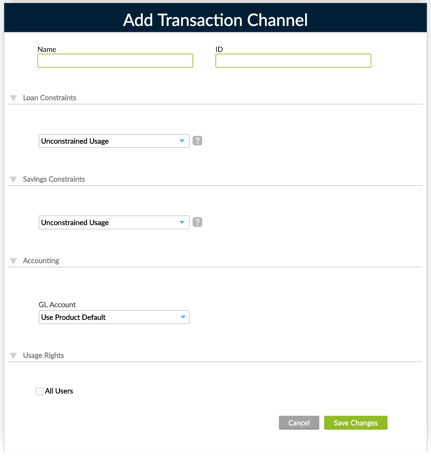 Add Transaction Channel view, that can be accessed by pressing the Add Channel button from the main view.
