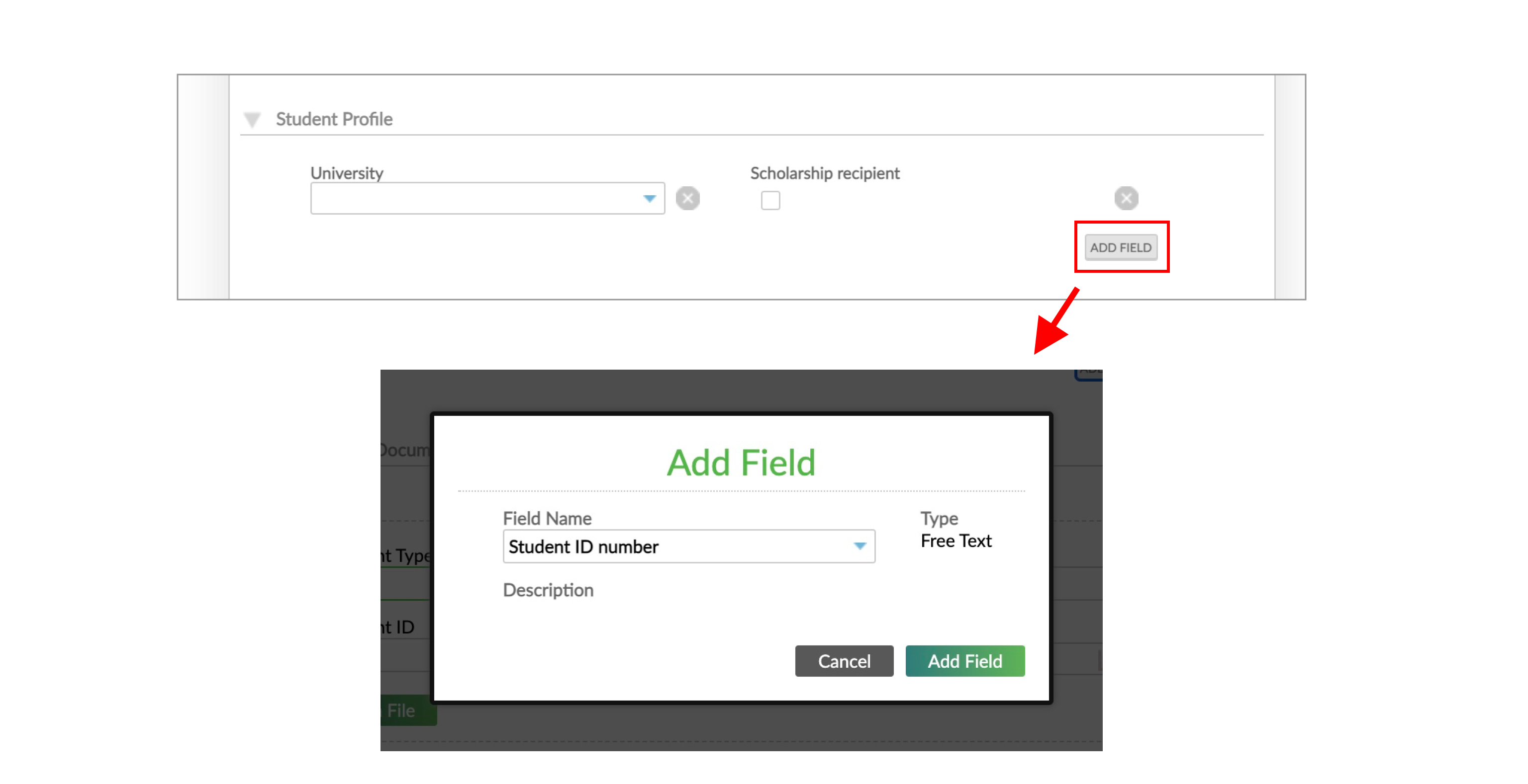 The Student ID Number custom field definition is available in the form to be added