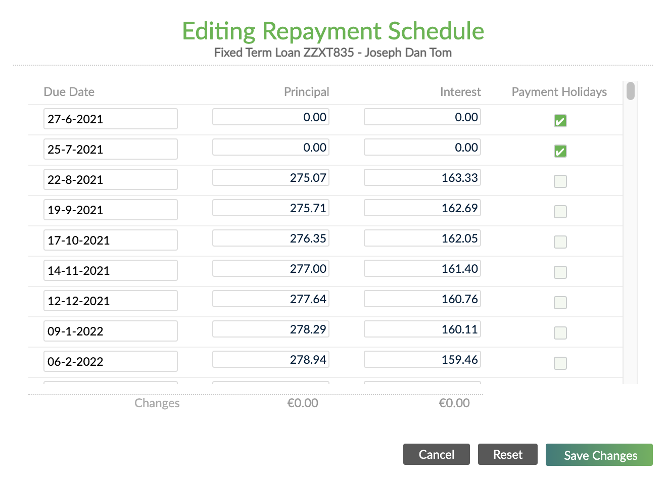 Configure Payment Holiday via Edit Schedule at Loan Account Level