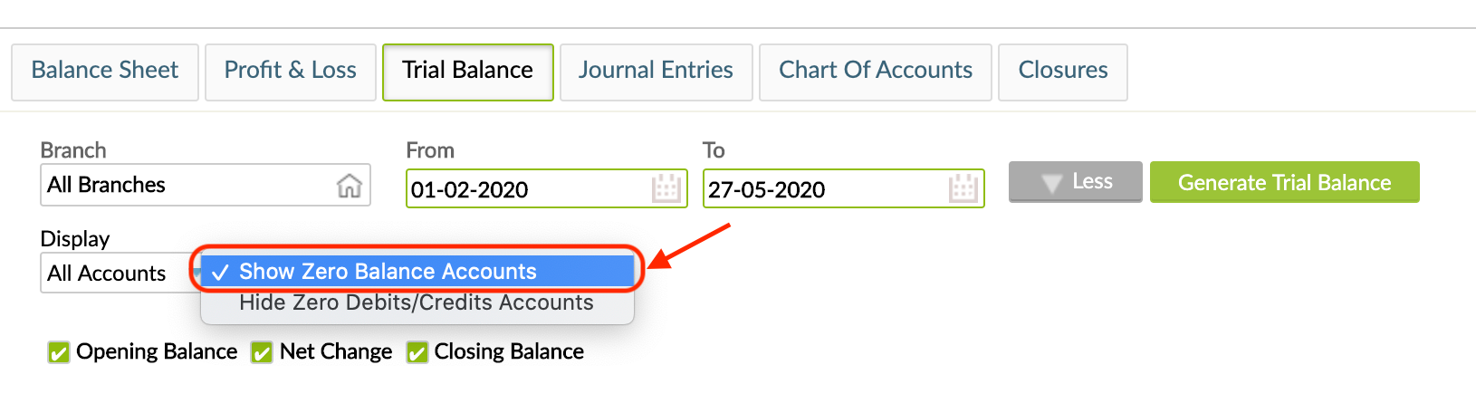 Show zero balance accounts in the Balance Sheet