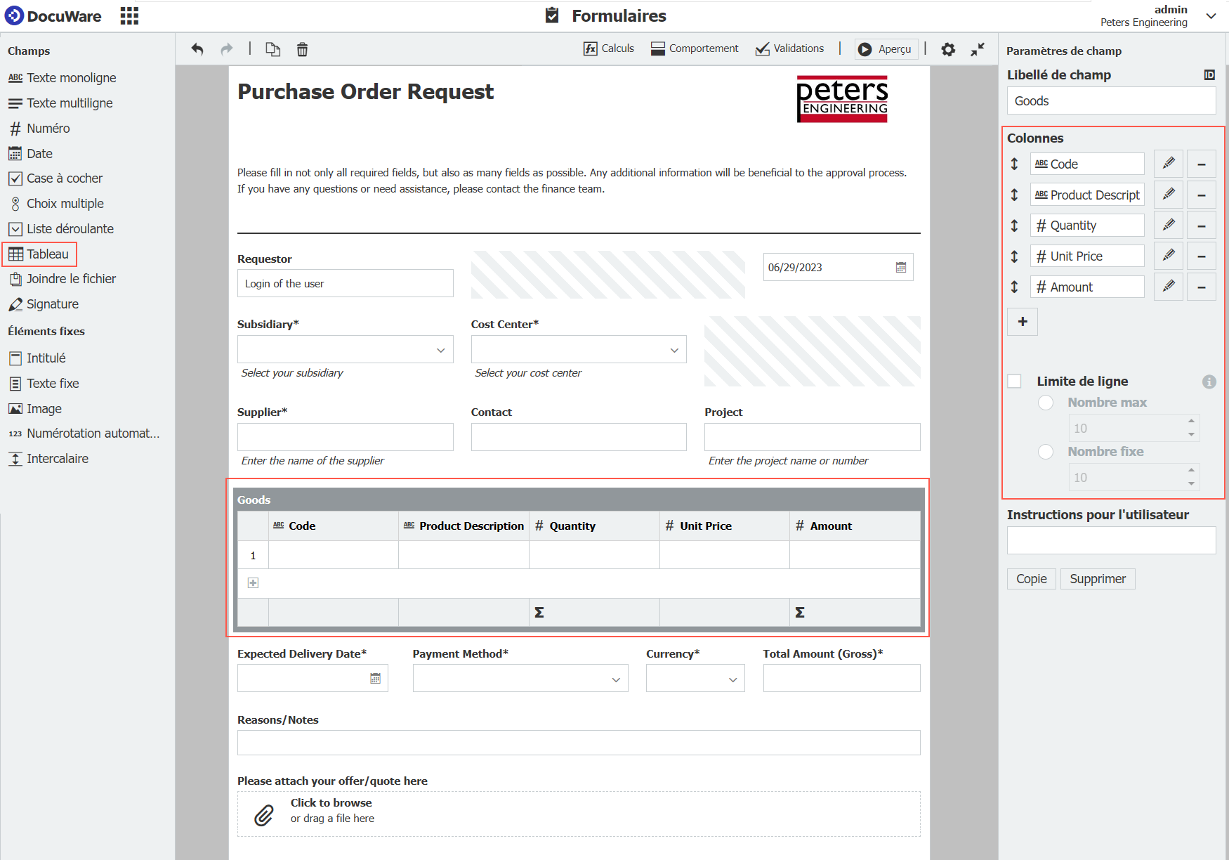 Table in Forms designer EN