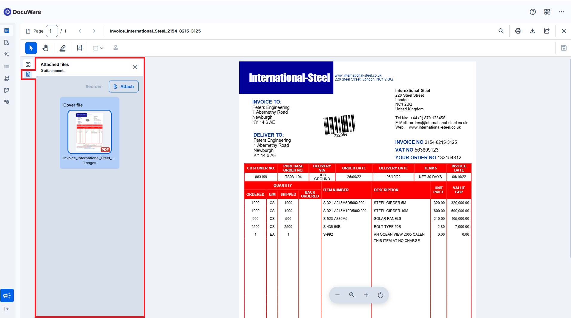 Invoice from International Steel detailing order and delivery information for Peters Engineering.