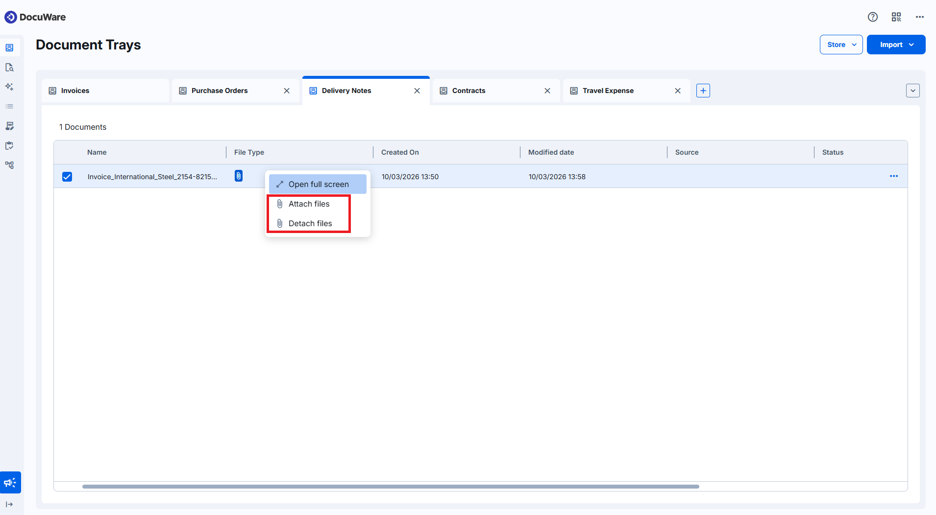 Document management interface showing options to attach or detach files from invoices.