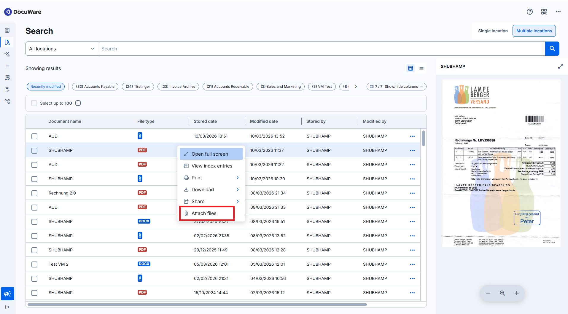 Document management interface showing options to open, share, and attach files.