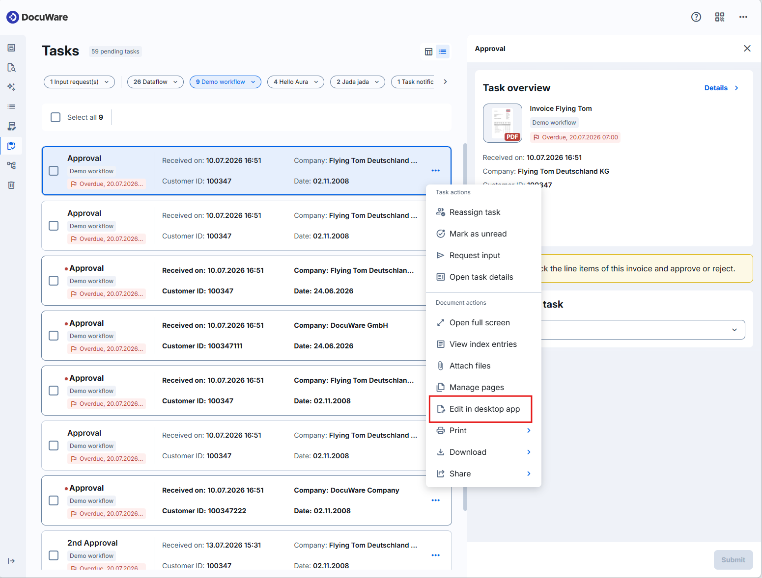 Edit in entry in the task list menu