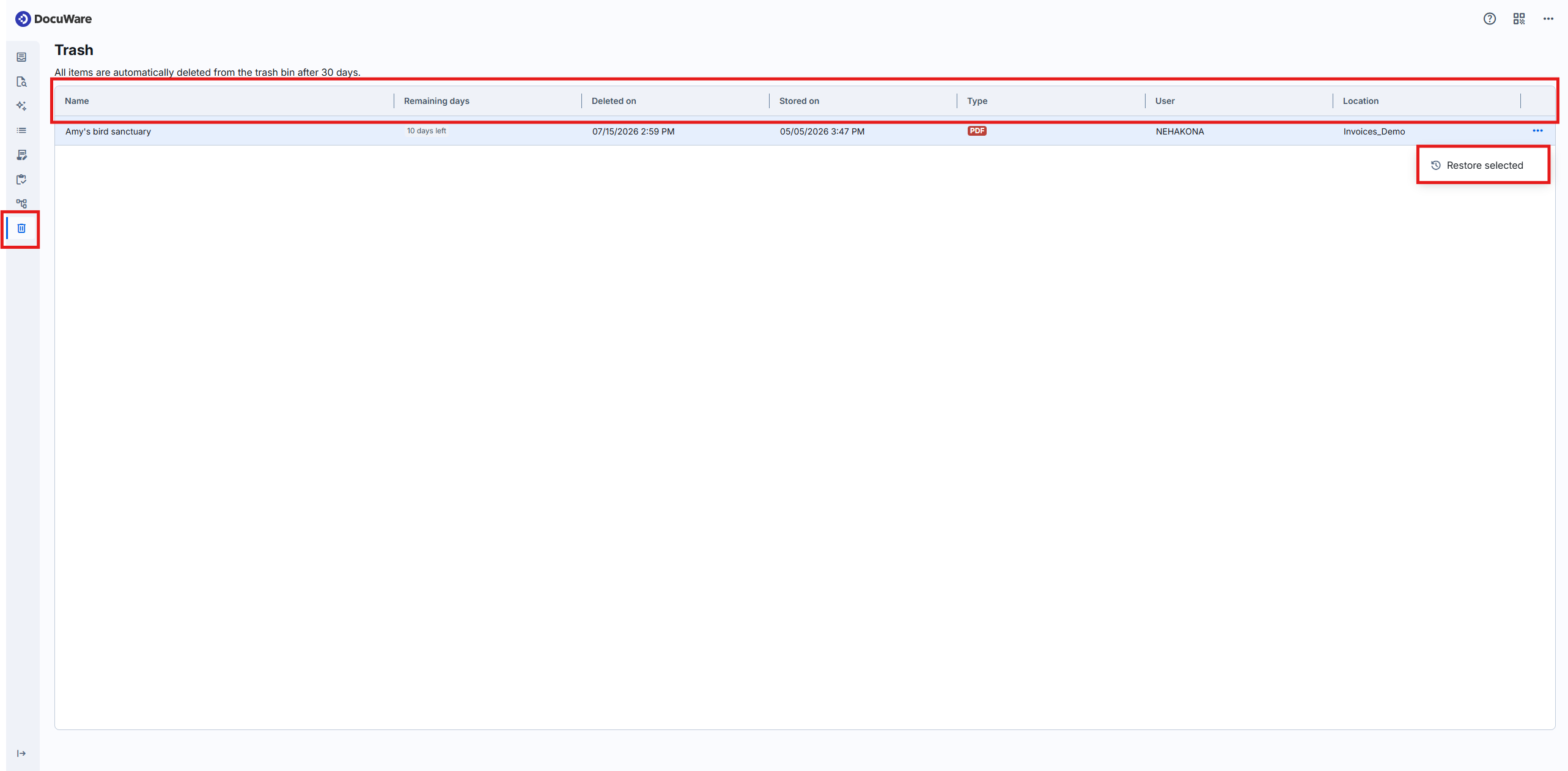 Restore option for a selected document in the Trash Bin