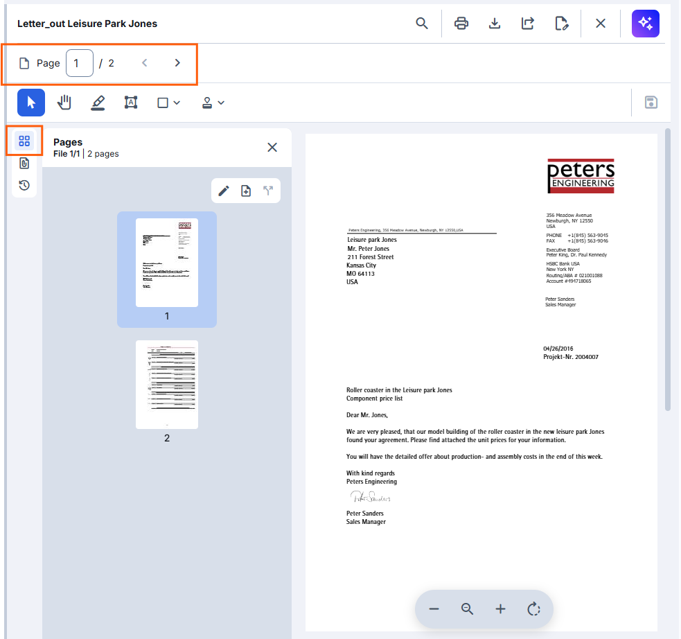 Overview panel with the pages of a document as thumbnails