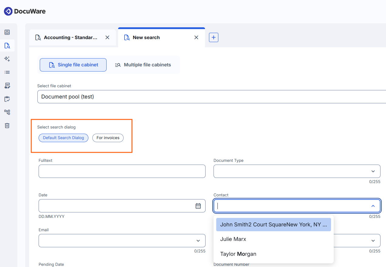 Search dialog of a single file cabinet with its index fields