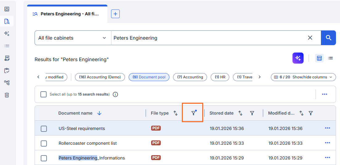 A column with an active filter, marked by a blue dot next to the filter icon