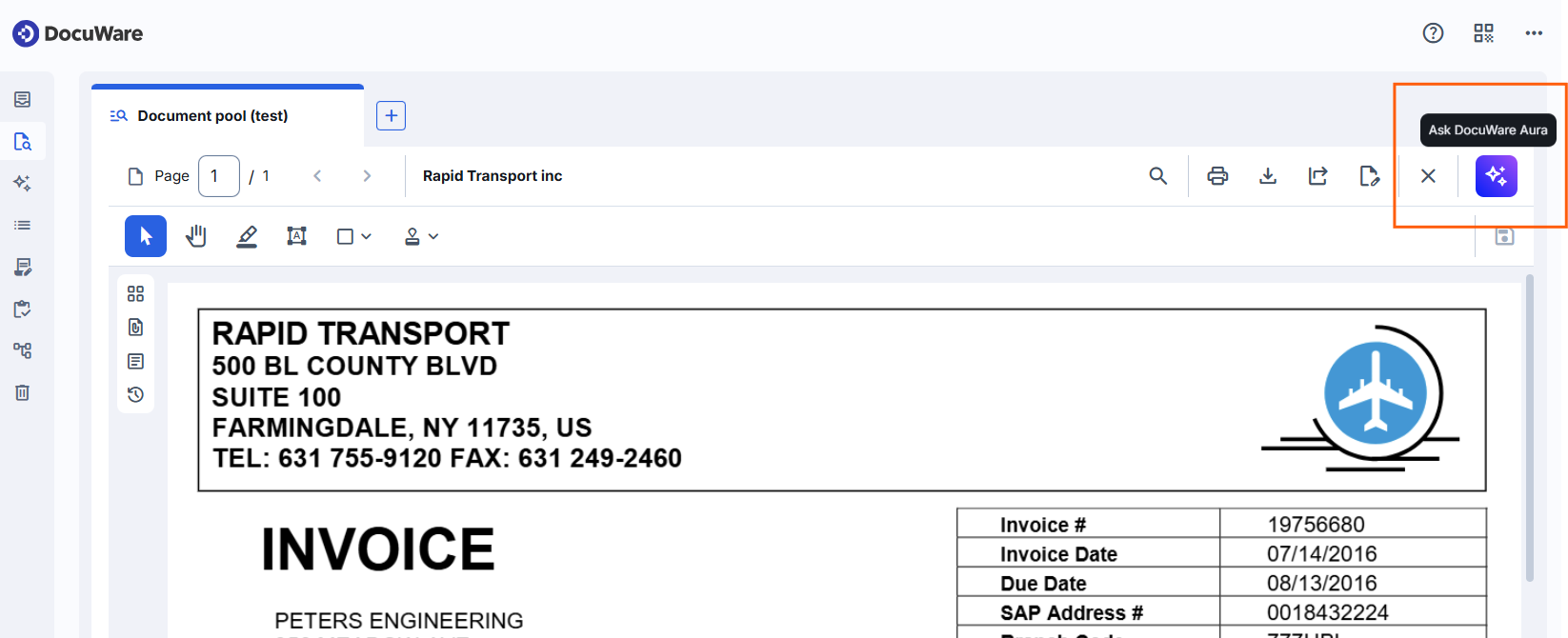 DocuWare Aura opened for the document shown in the viewer