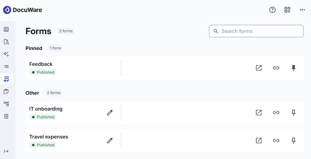 Forms list in the DocuWare client with pinned forms and the search field