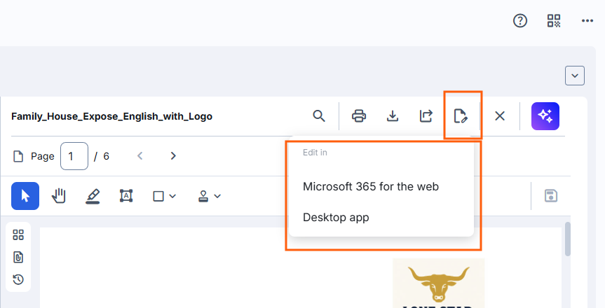 Edit in menu in the viewer header with Microsoft 365 for the web and Desktop app