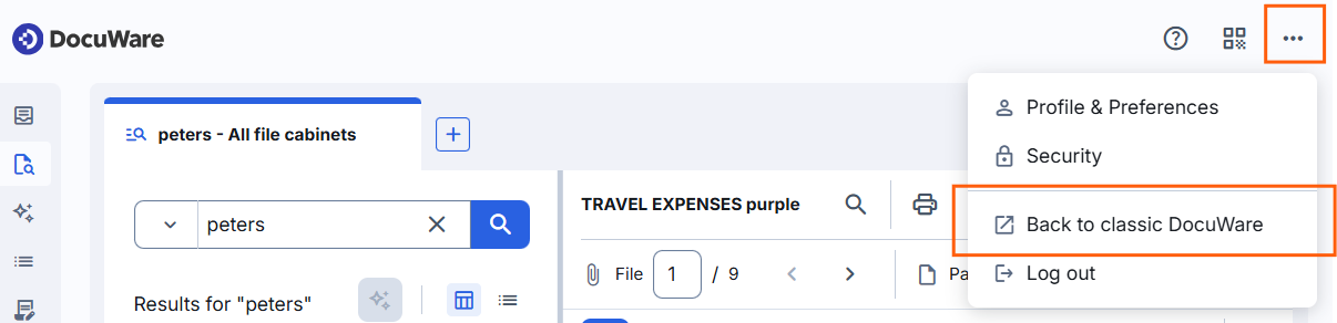 The Menu icon in the new DocuWare client with the entry Back to classic DocuWare