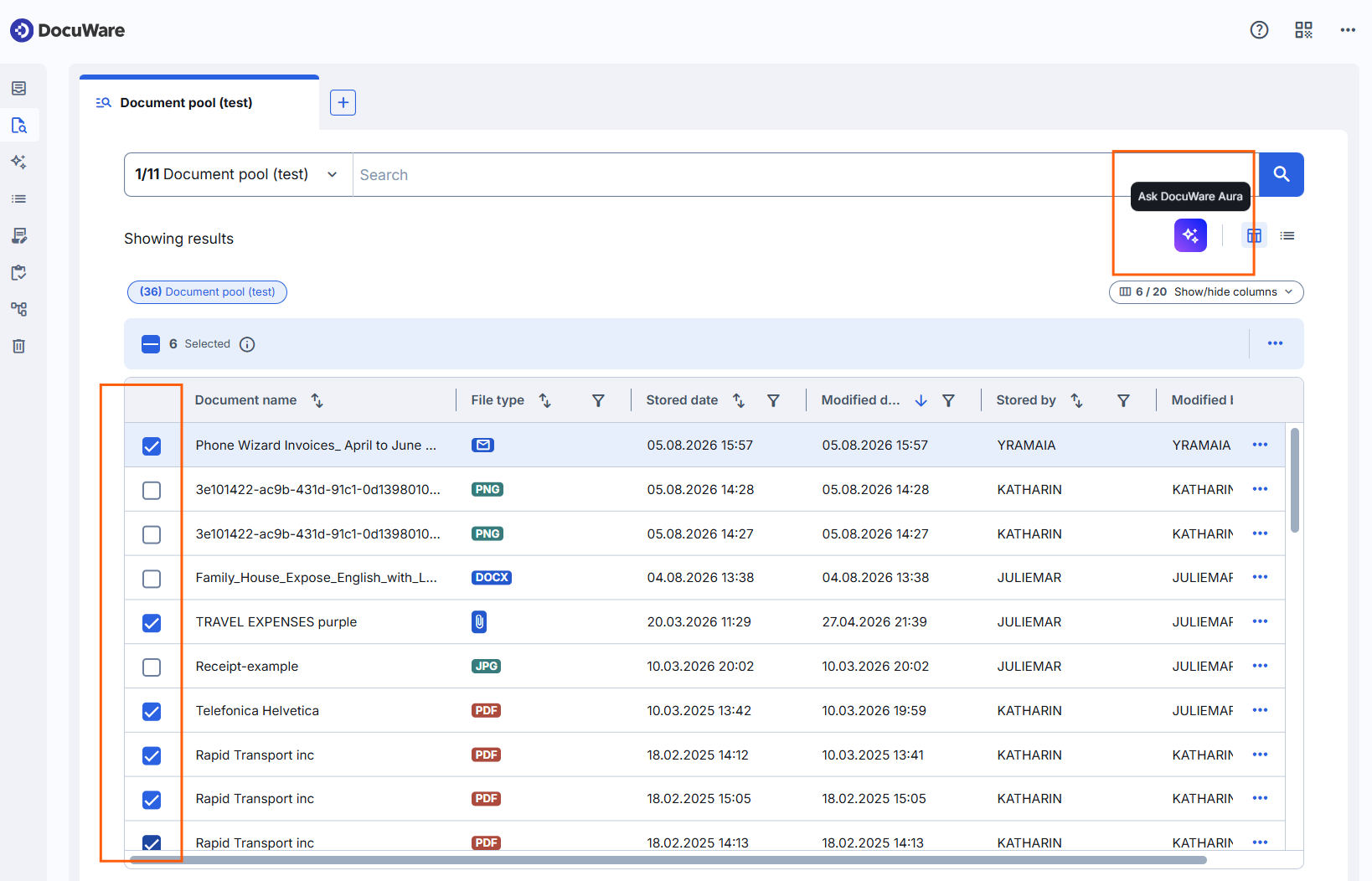DocuWare Aura asked about several documents selected in a result list