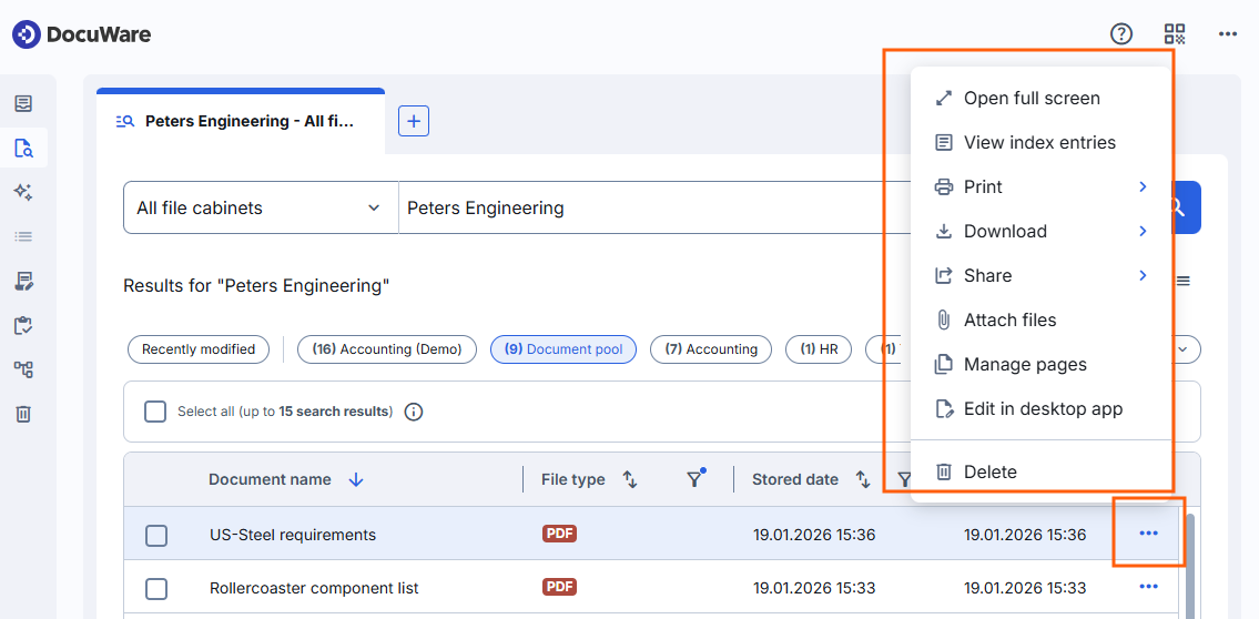 Document menu with the actions for a single document in the result list