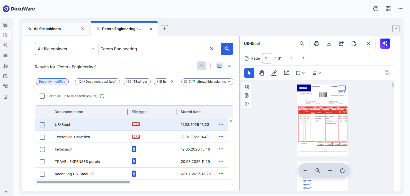 The new DocuWare client with a result list and the viewer